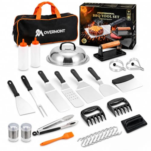 OVERMONT Grillbesteck Set 31-teilig Edelstahl Grillspachtel - Smash Burger Geschenkset mit Grillspachtel Burgerpresse - für Indoor und Outdoor Küche BBQ | Große Wender, Schaber, Zange und Tasche für Plancha, Gasgrill, Teppanyaki und Outdoor-BBQ; Geschenk für Grillfans