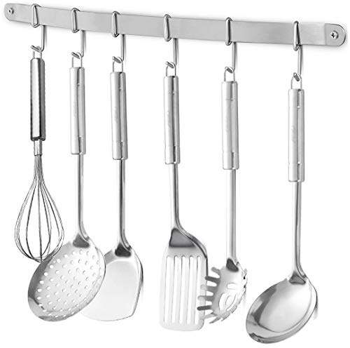 eForwish Stainless Steel Kitchen Utensil Racks Holder Hanging Rail Organize Pots Pans Kitchen Knife Gadgets On Wall Mounted Hanger Bar Rail Under Cabinet Shelf (6 Hook,17)