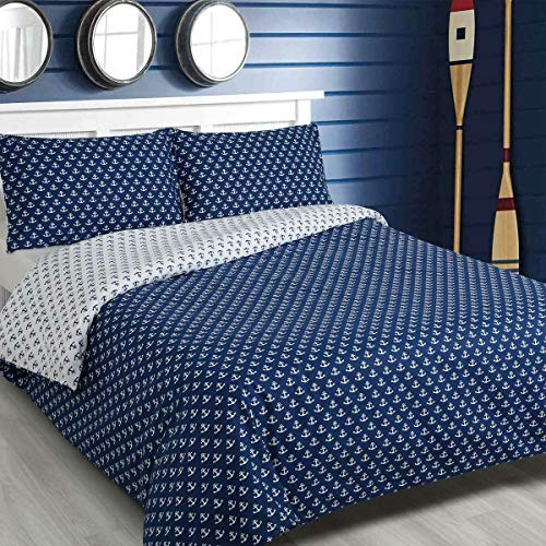 Traumschlaf Wendebettwäsche Marina Blue Anker – Maritimes Design mit Anker-Motiv | 100% Baumwolle Renforcé | Wendeseite & Reißverschluss - 135x200 cm + 80x80 cm