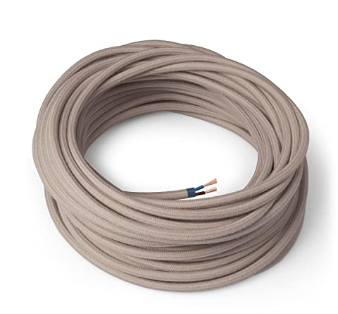 Amarcords - Câble électrique textile couleur TAUPE, rond, coton, 20 mètres, à 2 brins 2x0,75 - Fil vintage en tissu coloré, pour lampes, lustres, appliques et abat-jours.