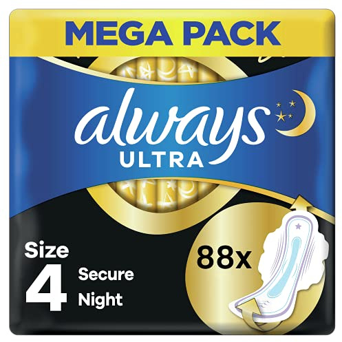 Always Ultra Damenbinden Secure Night (Größe 4) Flügel, 88 Einlagen, super saugfähig, ultradünn, neutralisiert Gerüche, extra Abdeckung