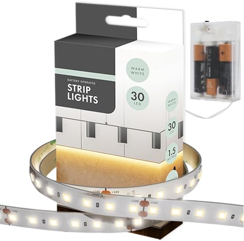 Tira de luces LED AA de 1.5 m, funciona con pilas, ideal para iluminación debajo de estante, armarios, detrás de la televisión, sobre espejo, coches, dormitorio de niños (30 LED, blanco cálido)