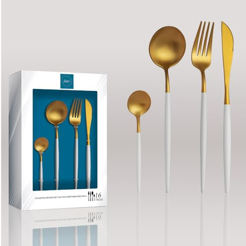 Kadum - 16-teiliges Besteckset Modernes Besteckset aus Edelstahl, 4x Suppenlöffel 4x Tafelgabel 4x Speisemesser 4x Teelöffel (Gold mit weißem Griff)