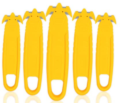 Safety Box Cutter, T TOVIA SK2 Stainless Steel Concealed Blade Package Opener with Tape Splitter for Cartons, Cardboard, Wrap, Straps, Film (5 Pieces - Yellow)