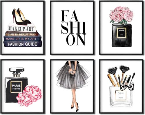 Fashion Woman Picture Wall Arts Black And Pink Fashionable Pictures Decorations Handbag Flower High Heels Cosmetics Prints Glam Paintings For Girls Bedroom Bathroom Decor 8x10Inches UNFRAMED