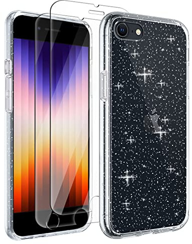 Tikgue Hülle für iPhone SE 2022 / iPhone 2020，iPhone 8 / iPhone 7 mit 2 Stück Schutzfolie，360 Grad Handyhülle Glitzer Transparent Silikon Stoßfeste Schutzhülle Slim Weich TPU Case