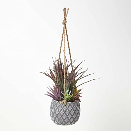 HOMESCAPES Artificial Hanging Plant in Decorative Grey Pot Lifelike Succulent Flowers for Indoor Decoration