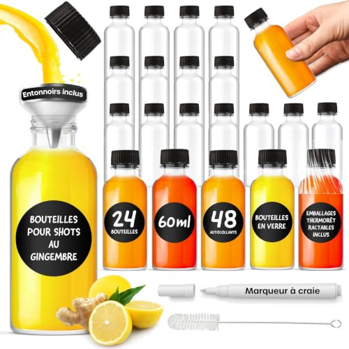 volila Fiole en Verre & Bouchon - 24 x 60 ml Mini Bouteille Verre - Pot Epices Parfait pour Mariage & Décor - 60 ml - Entonnoir Métal, Étiquettes, Feutre Blanc & Brosse de Nettoyage