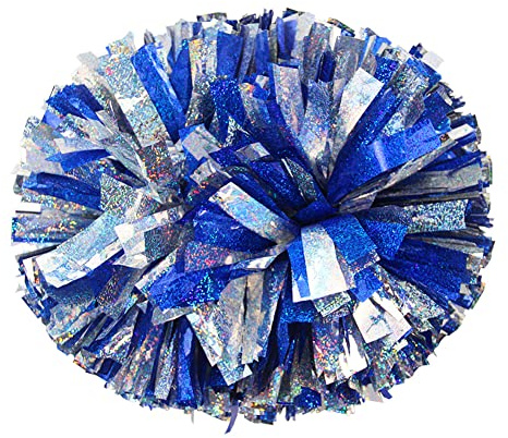 Lovecheer 2PCS Cheerleader Pom Poms Blue and Silver Holographic Pom Poms Cheerleading with Baton Handle for Sports Team Spirit Dance Adults