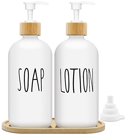 Dispensador de Jabón Blanco Mate Set 500ml Dosificador Jabon Baño de Vidrio con Bandeja Dispensador de Líquido para Lavavajillas Dispensador de Jabón para Cocina y Ducha (Blanco + Blanco)