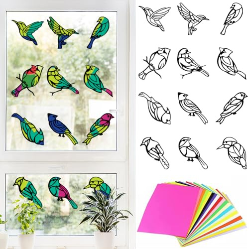 PLIGREAT 12 Pieces Flying Birds Suncatcher Crafts DIY Window Stained Glass Art Kit with Colored Paper for Classroom Window Art Decor Party Favor Creative Handmade Making Crafts