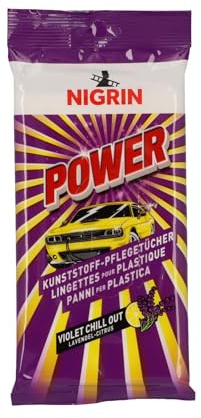 NIGRIN Power Kunstststoff-Pflegetücher, für alle Kunststoff- und Vinyloberflächen im Fahreuginnenraum, mit Lavendel-Citrus-Duft, farbauffrischend, antistatisch, weiß, 20 Stück