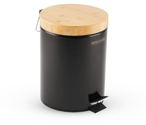 Royalford 5L Pedal Bin with Bamboo Lid and Removable Basket - Soft Close Round Waste Container for Kitchen, Bedroom, Bathroom, Office - Black