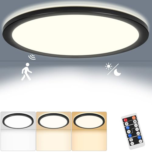 RDGOOD Sensor LED Deckenleuchte Dimmbar mit Bewegungsmelder, 24W 2400LM Radar LED Sensorlampe, 3000K/4500K/6500K Dimmbar Deckenlampe Für Bad, Garage, Keller, Flur, Balkon, Diele Ø30x2,5CM