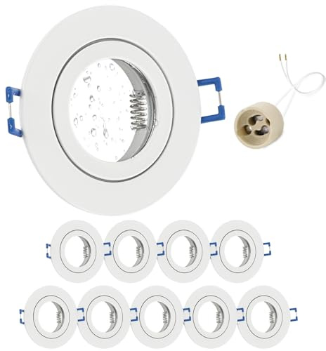 GeyouLux 10x Einbaustrahler GU10 Einbaurahmen IP44 Weiß Lochmaß 65-75mm | Aluminium, Ø84mm Deckenspots, seidenmatt Weiß, mit 230V GU10 Fassung, bis 50W, für Bad Küche, Rund Flach, ohne Leuchtmittel