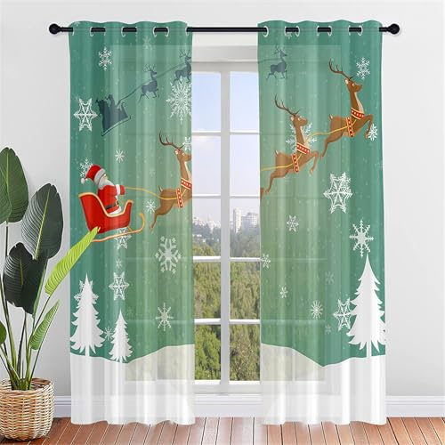 Hiseng Lot de 2 Rideaux Voilage à Oeillets, 3D Noël Classique Semi-Transparent Effet Voile Décoration de Fenêtre Salle de Bain Chambre Salon Cuisine Tulle (80x115cm,Père Noël)