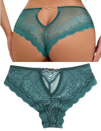 ohyeahlady Sexy Lace French Knickers Plus Size Thong Panties Womens Back Cut Out Brazilian Cheeky Underwear with Heart Shaped Chain Breathable Hipster Briefs S-2XL