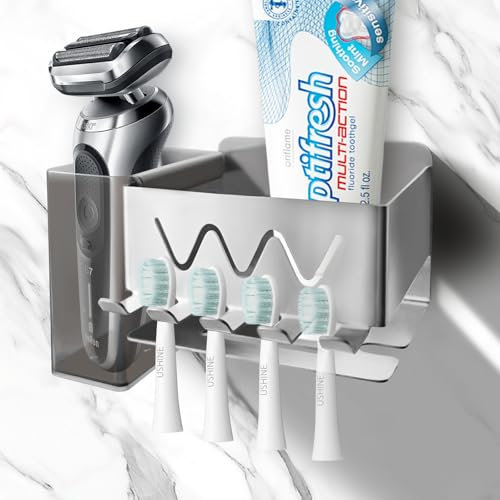 KOMABLEN Zahnbürstenhalter Elektrische Zahnbürste ohne Bohren, 304 Edelstahl Toothbrush Holder mit Hängende Aufbewahrungsbox, Selbstklebend Aufsteckbürsten Halter für 4er elektrische Zahnbürstenkopf