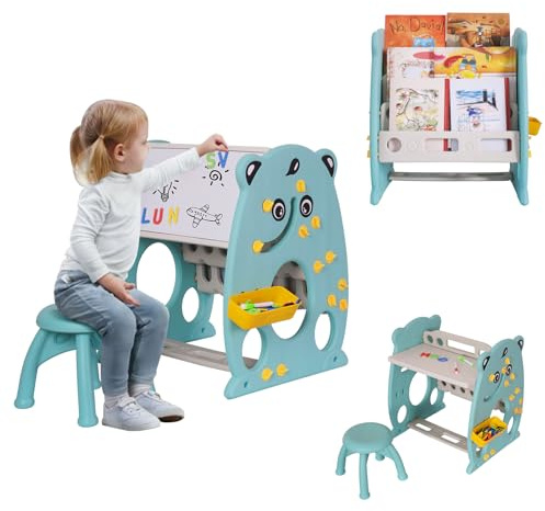 Vinteky Table Enfant avec Chaises pour 3 en 1 Chevalet, Bibliothèque Enfant, Réglable, Gomme à Tableau et Trois marqueurs, Aimant à Lettres, Tableau Magnétique à Double Face, Enfants de 1-5 Ans