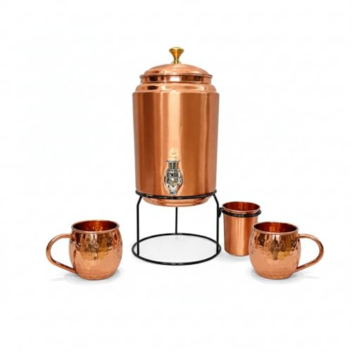 Pure Copper Plain Mate Water Dispenser with Tap and Set of 2 Copper Cups 1 Glass | Water Pot | Copper Water Storage Tank | 5L Capacity (4)