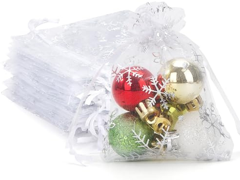 Yesaler Organzasäckchen Schneeflocke Weihnachten Organzabeutel mit Kordelzug für Geschenk Deko 100 Stück Weiß 9x12cm