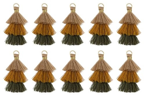 QUARKZMAN 10 Stück Winzige Dreischichtige Quasten 1,6 Mini Taschenanhänger Böhmische Handgefertigte Quasten Schlüsselanhänger für DIY Projekte Schmuckherstellung (Hellbraun/Gelb/Grün)
