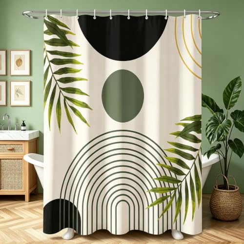 Duschvorhang 120x200 cm Schwarz Blätter Linie, Beschwerter Saum Antischimmel Textil, Wasserabweisend, Waschbar Polyester Badevorhänge mit 8 Ösen und Duschvorhangringen für Badezimmer, Badewanne