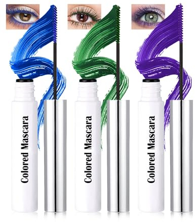 Ultra-Fine Waterproof Mascara for Short Lashes, 3Pcs Silk Fiber Colored Mascara Blau Grün Lila, Extra Lange Wimpern, Hochpigmentierte Wimperntusche Long Wear Curl Charming, Eye Makeup Set for Cosplay