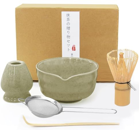 Matcha Whisk Set, Matcha Tea Set with Bamboo Whisk, Ceramic Bowl, Scoop and Holder, Handmade Traditional Japanese Tea Matcha Making Kit for Tea Lovers