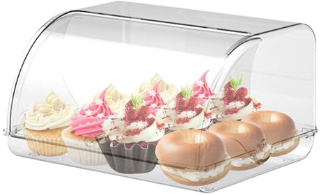 Transparent Bread Box - Acrylic Bread Storage Kitchen Countertop - Roll Top Design And Ventilation for Longer Freshness for Homemade Cake,Bagel,Cookie,Bakery Loaf,Fruit,Vegetables
