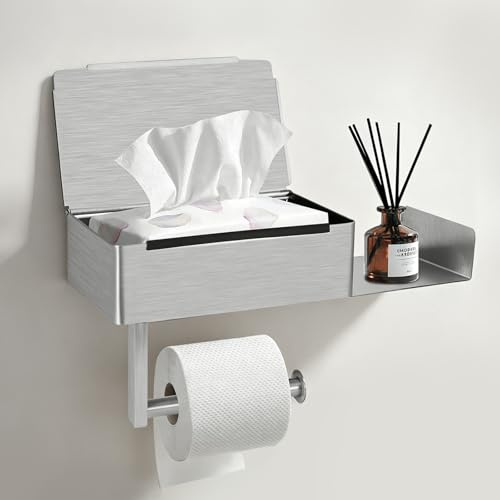 Toilet Paper Holder, Stainless Steel Self-Adhesive Toilet Roll Holder with Wet Wipes Box and Phone Holder for Bathroom and Toilet, Toilet Roll Holder Wall Mounted