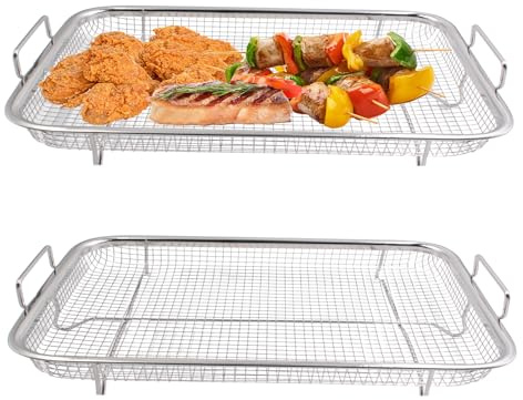 2 Stück Grillkorb Edelstahl,Backofen Grillkorb mit Griffen Grillblech Backkorb Metallkorb Metall Ofen Grill Grillgitter, für Gemüse Hühnchen Fleisch und Fisch,30 x 22 x 5,5 cm