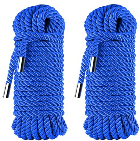 Soft Silk Tying Rope - Skin-Friendly Shiny Colored Nylon Binding Ropes, Durable Multi-Purpose Satin Braided Twisted Decorative Cord, Thickness 8MM, Each 32-Foot Long (2 Blue)