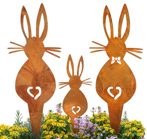 YIMOJOY 3er Hase Gartenstecker Ostern Set,25/15cm Große Osterhasen Gartenstecker Rost,Metall Osterstecker Frühling Hase Rost Wetterfest Roststecker Hasen für Blumentopf Frühling Gartendeko
