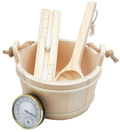 Sauna Accessories Set Includes Wood Bucket Long Handle Spoon Hourglasses Thermograph for Room Bathroom Enduring Wooden Sauna Bucket Ladle