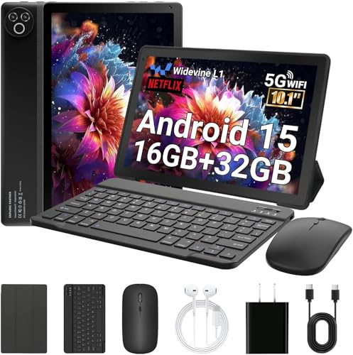 Laptok Tablette 10 Pouces, Android 15 Tablette avec 32 Go ROM+1 to TF, 5000 mAh, WiFi 6, Bluetooth 5.4, Widevine L1, Tablette Tactile avec Clavier et Souris, Noir