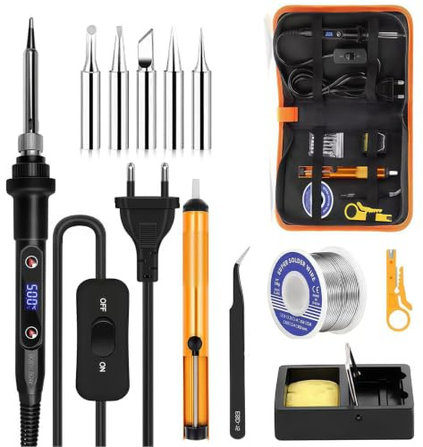 Kit Soldador 80W, 13 en 1 Kit de Soldadura, Soldador de Estaño con Pantalla LCD Temperatura Ajustable 180-500°C Interruptor ON/OFF con 5 Puntas, para Reparaciones Electrónicas y Bricolaje DIY