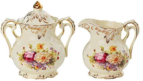 Yolife Porzellan Zuckerdose und Milchkännchen Set aus Keramik goldenen Rand Muster der Blumen