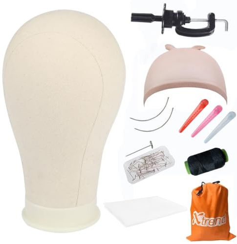 XTREND 21-24 Canvas Wig Head Poly Manikin Head for Making/Drying/Styling Wigs Model Training Head Professional Mannequin Head with 20 Pcs T Pins and Clamp Stand 23 Inch