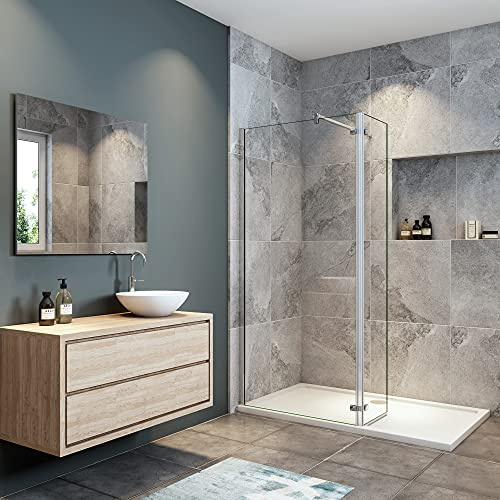 OCEAN ITALY Parete Fissa Alta 200cm Doccia Walk In 130cm(90+40) più paretina girevole da 40cm in Vetro Temperato Trasparente Anticalcare 8 mm Con Barra Stabilizzatrice di 90 cm