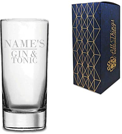 Personalised Engraved Novelty Side Hiball Tumbler Name's Gin and Tonic Gift Boxed, Weighted Glass, Engraved in The UK, Gift for Her, Holds Up to 13oz/384ml