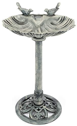 CHRISTOW Plastic Resin Bird Bath for Garden, Clam Shell Pedestal Birdbath, Traditional Style, Rustic Metal Effect, Standing Outdoor Water Bowl Feeder, 80cm x 50cm x 38cm (Grey)