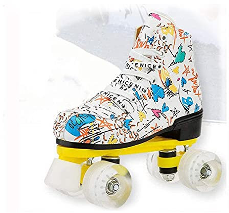 Erwachsene Roller Skates Aufleuchten Räder, PU Leder Einstellbar Doppelreihe 4 Räder Roller Skates Glänzende Schlittschuhe zum Jugendliche Jugend Damen (Color : White, Size : 38)