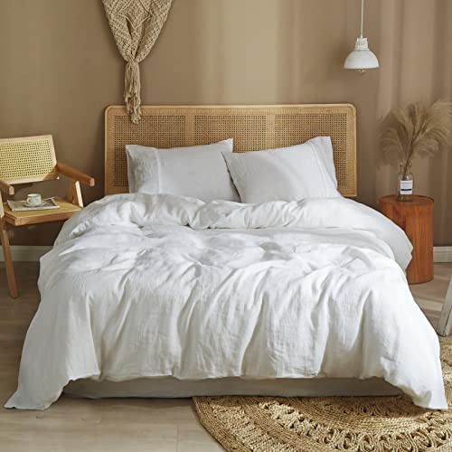 Ivellow White Linen Duvet Cover King 100% Pure Washed French Flax Linen 3Pcs (King Duvet Cover, 2 Pillow Shams)