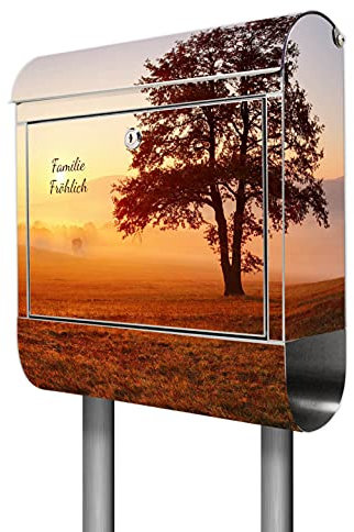 banjado® Briefkasten mit Standfuß personalisiert Motiv Sonnenaufgang - Stand Briefkasten Edelstahl mit Zeitungsfach - Postbox/Postkasten A4 Einwurf inkl. Montagematerial & 2 Schlüssel
