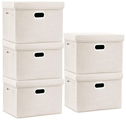 TYEERS Grandi Scatole Portaoggetti, in Tessuto, Pieghevole, Scatole con Coperchio, 44x30x29 cm, Set di 5, Beige