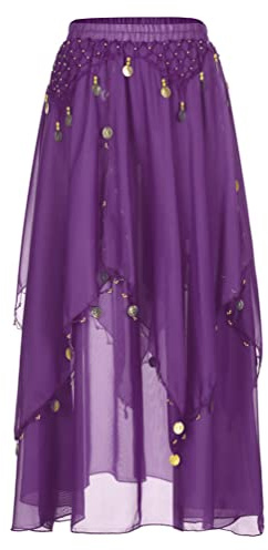inhzoy Femme Jupe de Danse du Ventre Belly Jupe Longue Danse Orientale en Mousseline de Soie Foulard à Sequin Écharpe Costume Performance Dansewear Violet Taille Unique