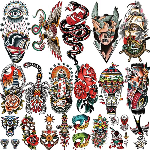 77 sheets Classic Temporary Tattoos Adult, Old School Tattoos Stickers, Sailor Jerry Style Fake Tattoo, American Traditional Flower Rose Arm Temporary Tattoos for Women Men Kids