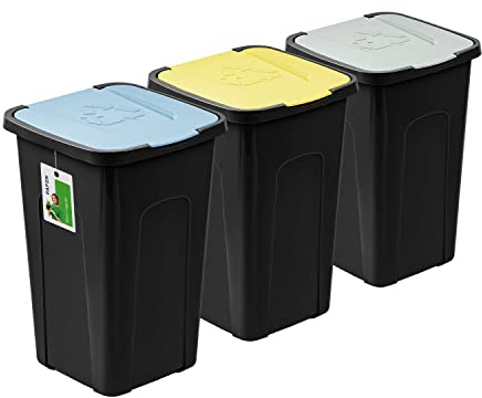 PAFEN Großer Mülleimer 50l mit Deckel – 3er Set Abfallbehälter 550 x 365 x 370mm - Abfalleimer für Trennen Abfalltonne Mülltrennung Abfallsammler