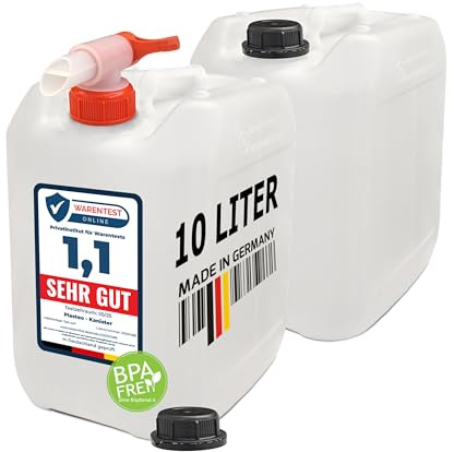 plasteo 2 bidones de agua vacíos de 10 litros para camping, con grifo y tapa de rosca, apto para alimentos, sin BPA, portátil, resistente y duradero, fabricado en Alemania